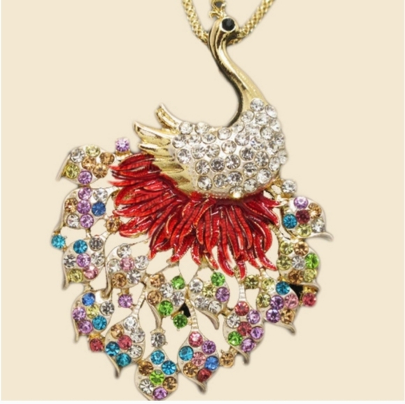 Peacock Necklace Filigree Rhinestone  Crystal Pendant Multicolor Betsey Johnson - Picture 7 of 8